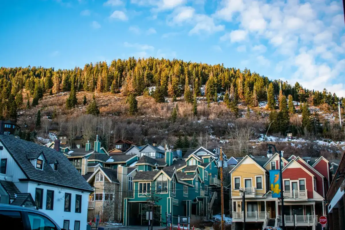 Park City ski-in townhouse with snow-covered exterior and heated driveway