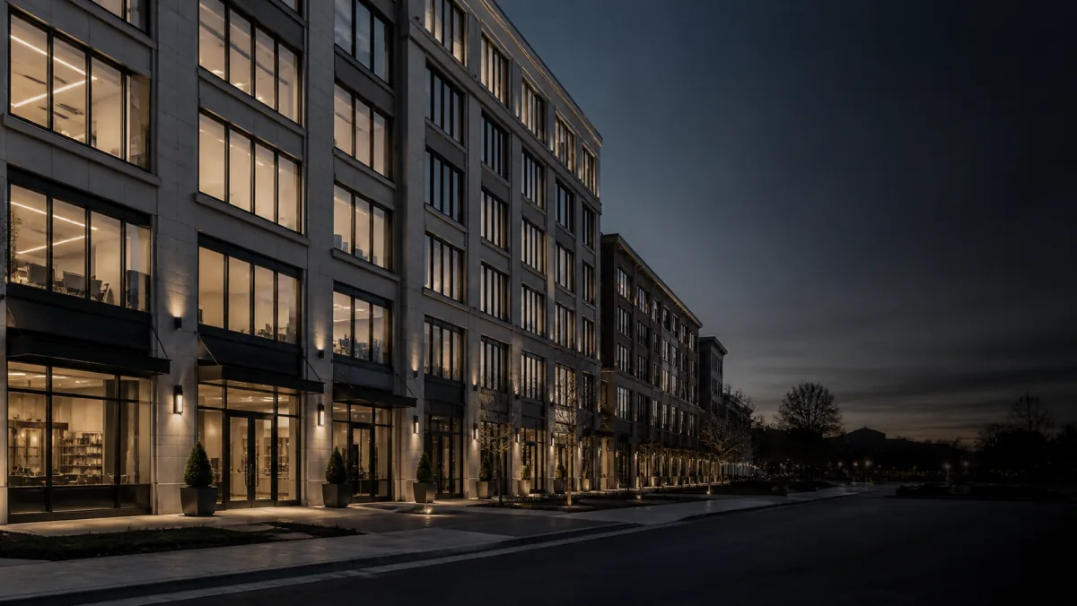 Multi-story commercial building at dusk with lit ground-floor retail.