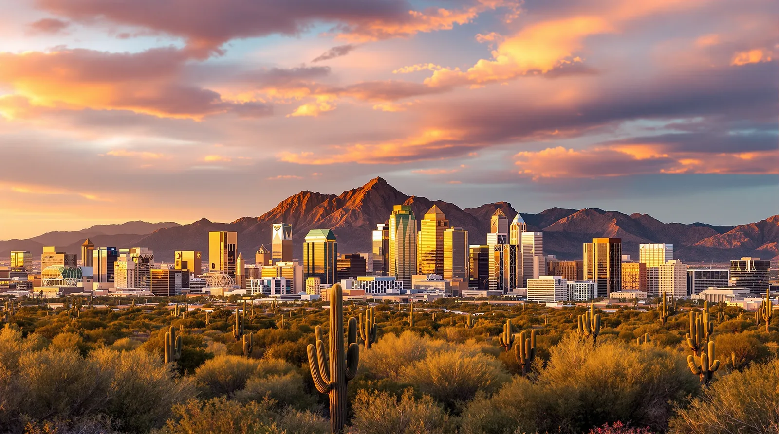 Phoenix, Arizona skyline at golden hour with Camelback Mountain, illustration for the Arizona bonus depreciation and cost segregation guide