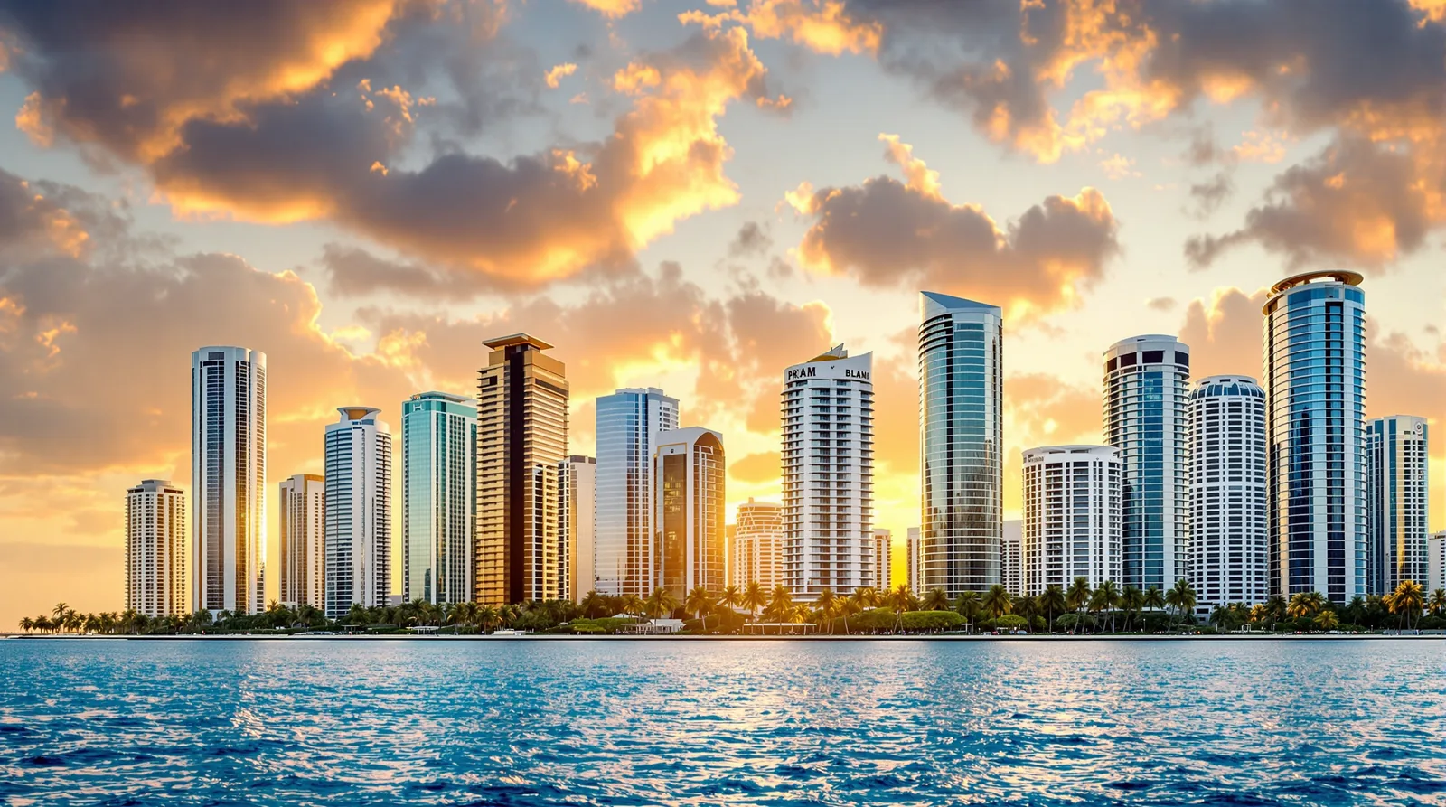 Miami, Florida skyline at golden hour over Biscayne Bay, illustration for the Florida bonus depreciation and cost segregation guide