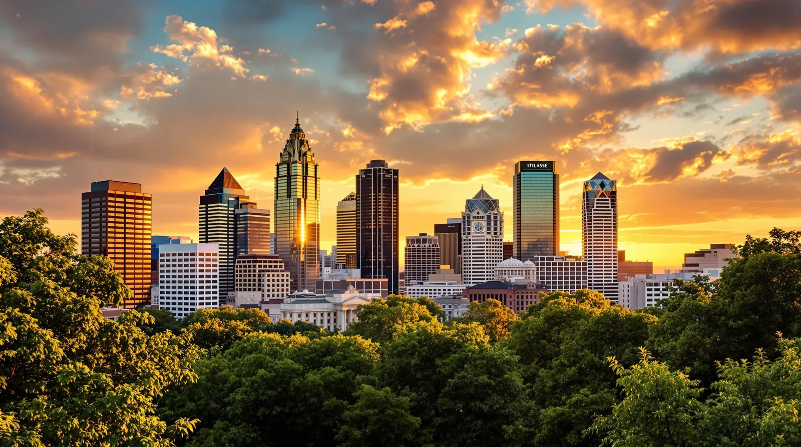 Atlanta, Georgia skyline at golden hour over Piedmont Park, illustration for the Georgia bonus depreciation and cost segregation guide