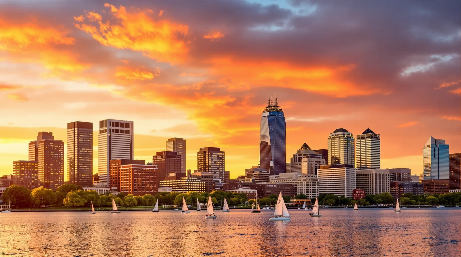 Boston, Massachusetts skyline at golden hour along the Charles River, illustration for the Massachusetts bonus depreciation and cost segregation guide