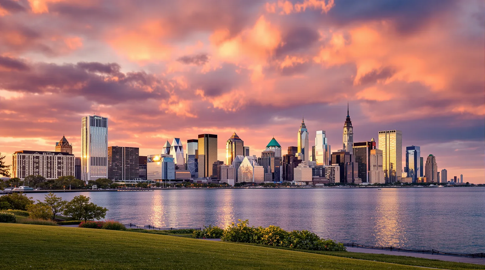 Jersey City, New Jersey waterfront skyline at golden hour, illustration for the New Jersey bonus depreciation and cost segregation guide