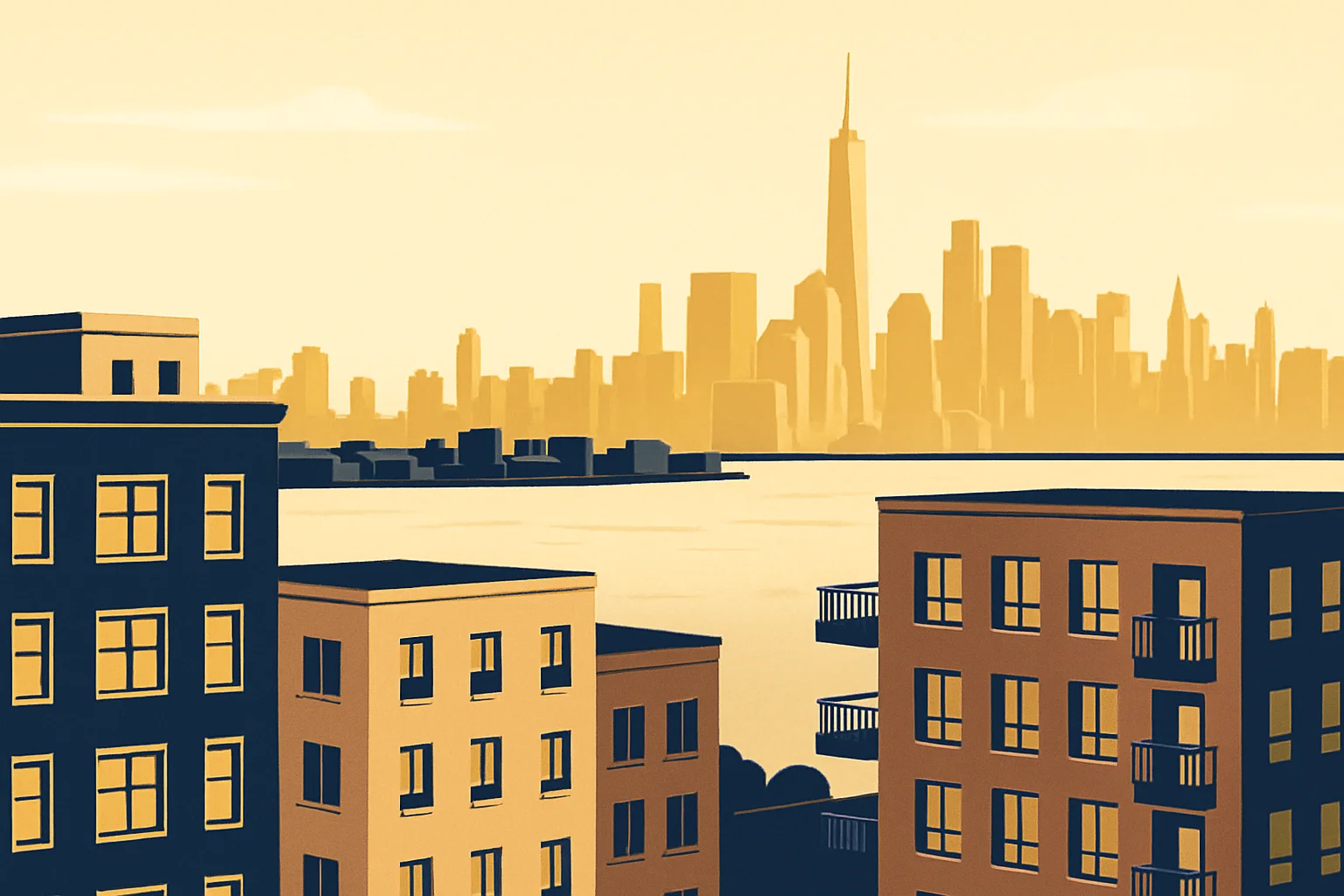 Jersey City / Hoboken skyline with Manhattan across the Hudson — illustration for NJ bonus depreciation decoupling guide