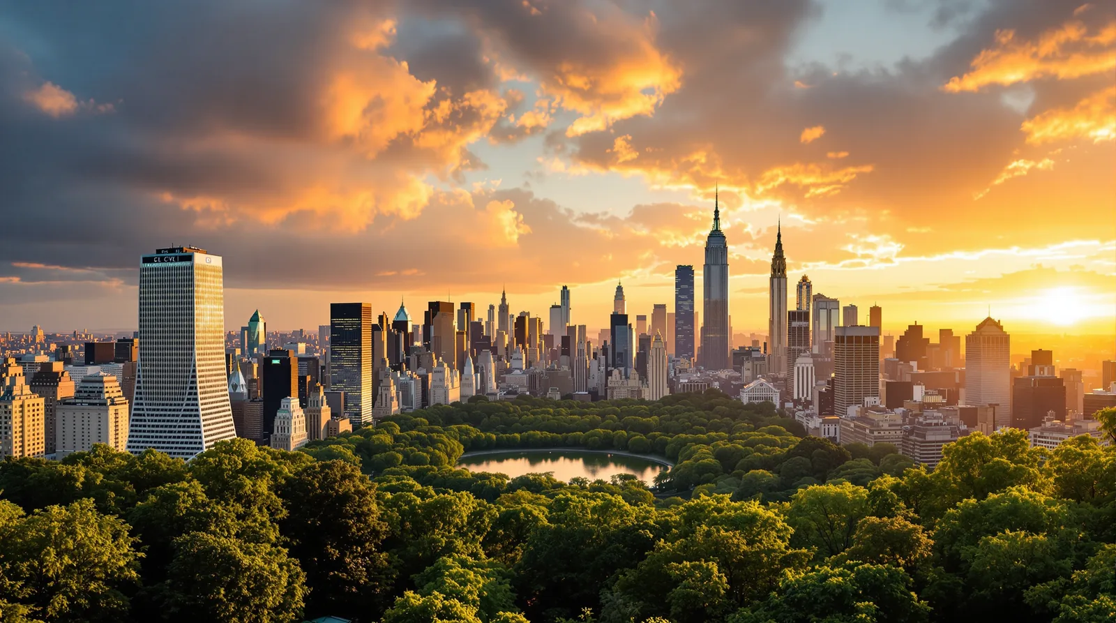 New York City skyline at golden hour over Central Park, illustration for the New York bonus depreciation and cost segregation guide