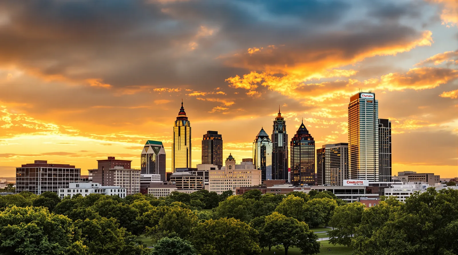 Charlotte, North Carolina skyline at golden hour, illustration for the North Carolina bonus depreciation and cost segregation guide