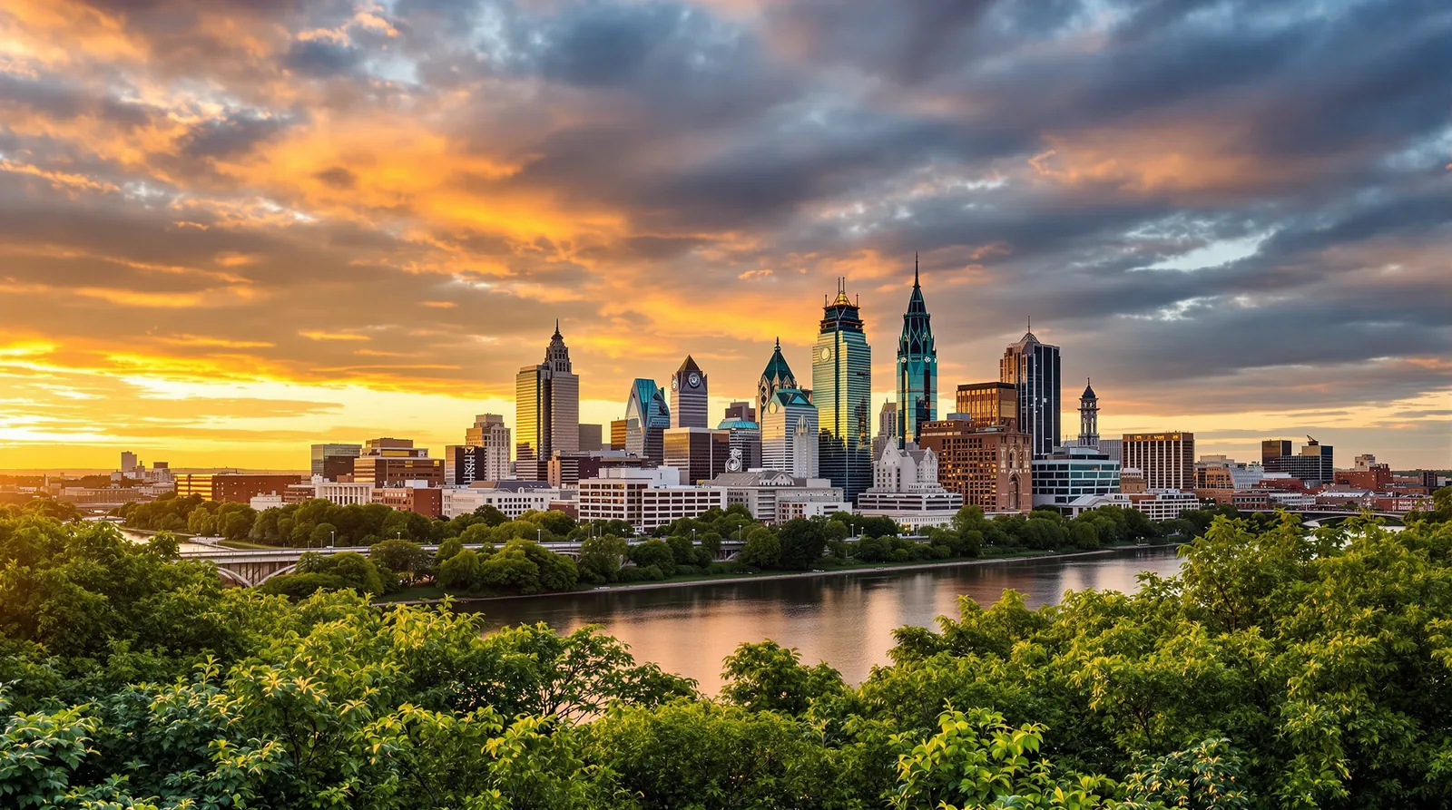 Nashville, Tennessee skyline at golden hour along the Cumberland River, illustration for the Tennessee bonus depreciation and cost segregation guide