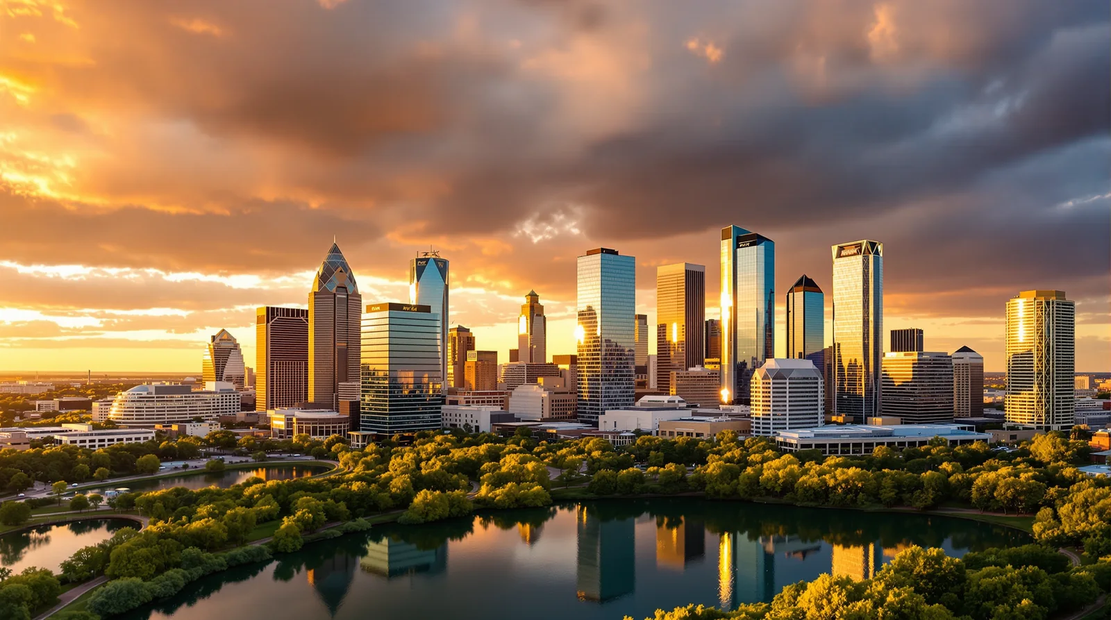 Downtown Austin, Texas skyline at golden hour over Lady Bird Lake, illustration for the Texas bonus depreciation and cost segregation guide