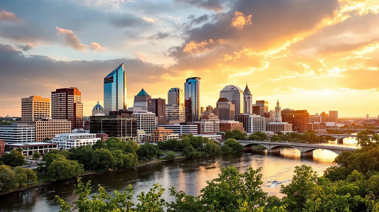 Richmond, Virginia skyline at golden hour over the James River, illustration for the Virginia bonus depreciation and cost segregation guide