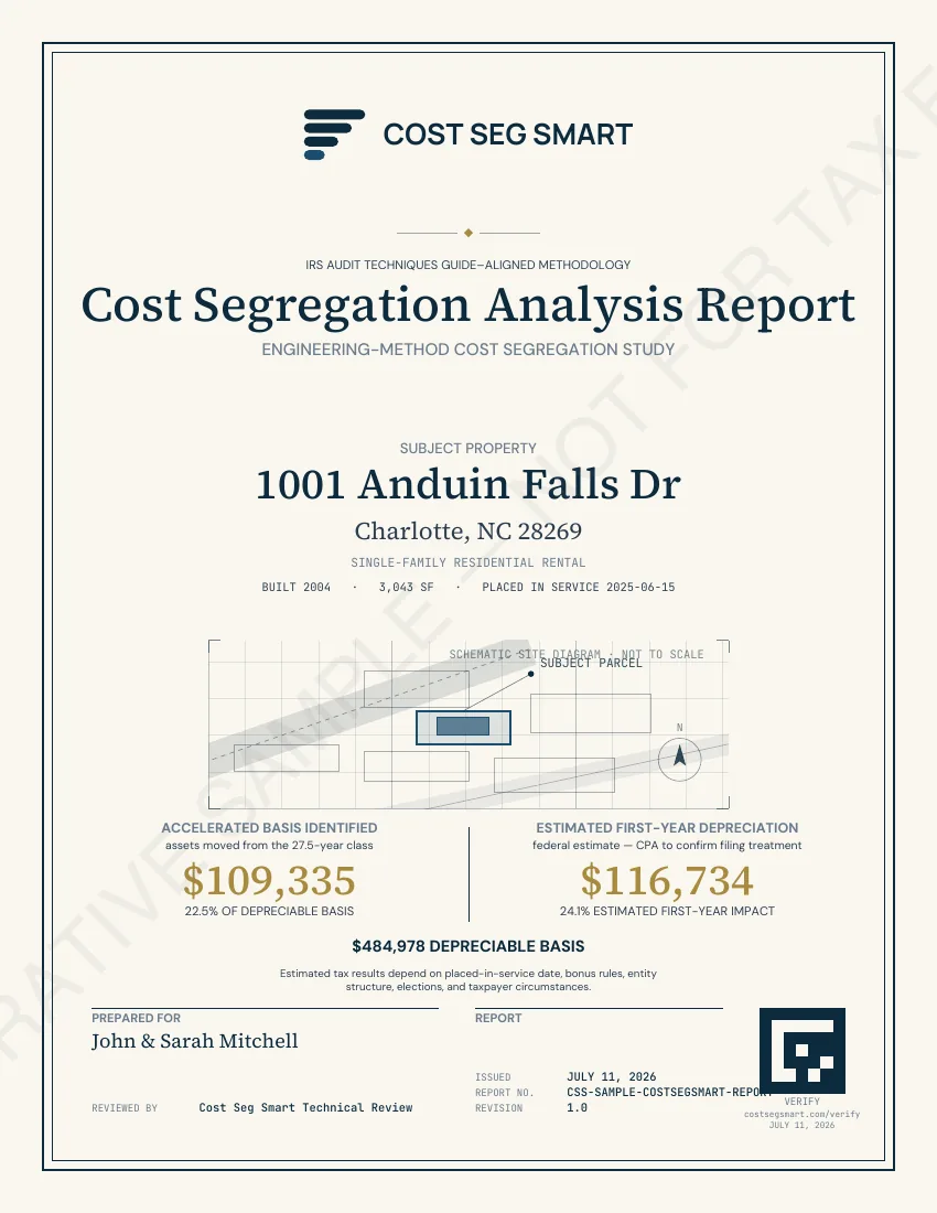 Page 1 — Cover page with property summary and accelerated reclassification total