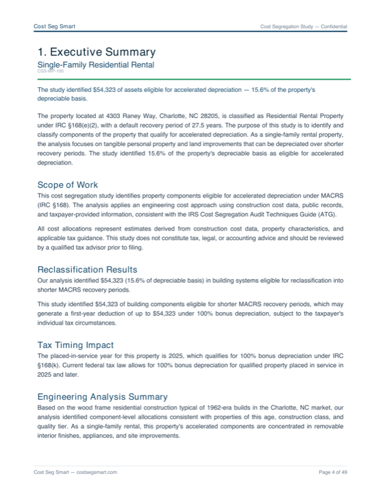 Page 4 — Executive summary: MACRS class allocation and Year-1 deduction breakdown