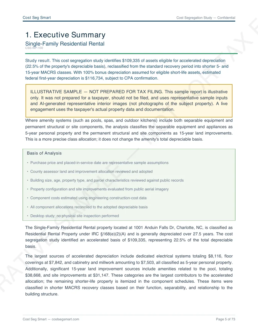 Page 5 — Executive summary: MACRS class allocation and Year-1 deduction breakdown