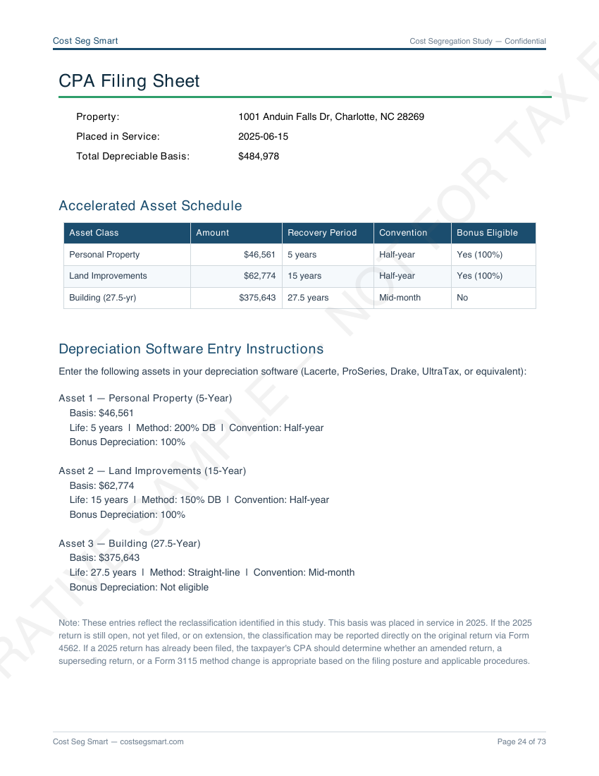 Page 24 — CPA filing sheet with accelerated asset schedule and software entry instructions