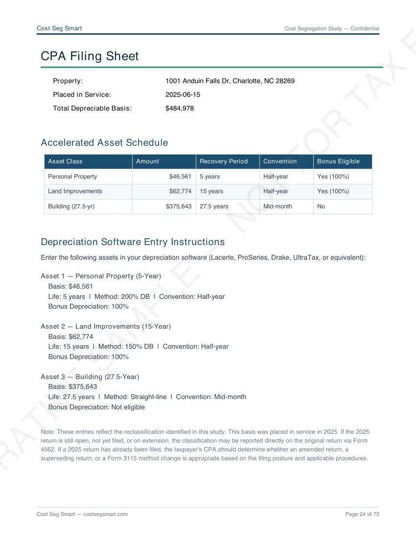 Page 24 — CPA filing sheet with accelerated asset schedule and software entry instructions
