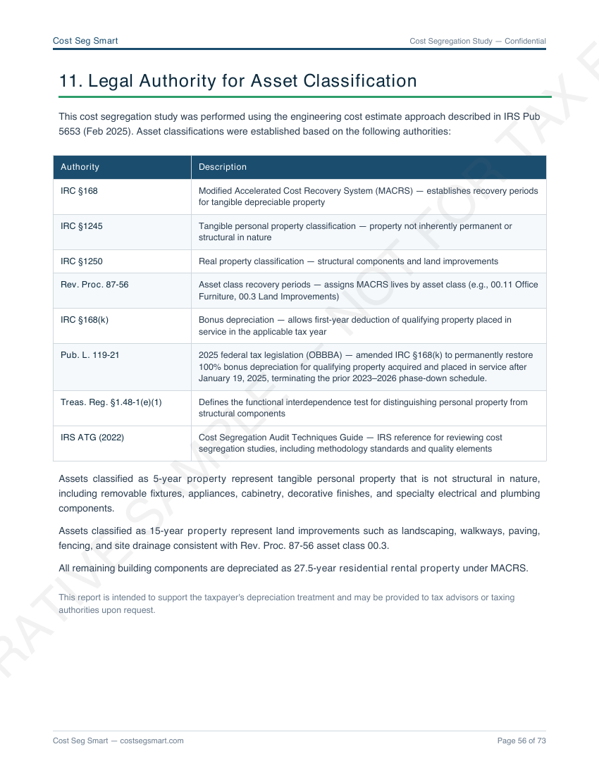 Page 56 — Legal authority for asset classification: IRC §168, §1245, §1250, Rev. Proc. 87-56, IRS ATG