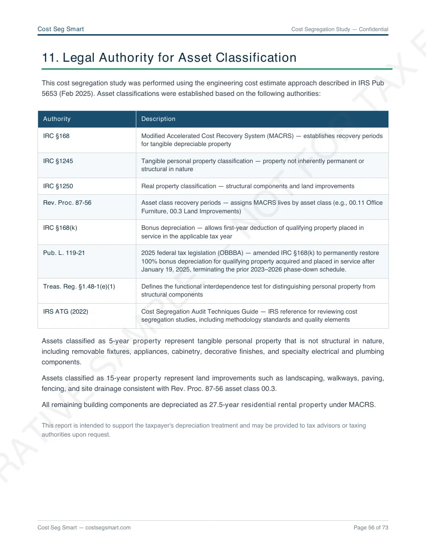Page 56 — Legal authority for asset classification: IRC §168, §1245, §1250, Rev. Proc. 87-56, IRS ATG