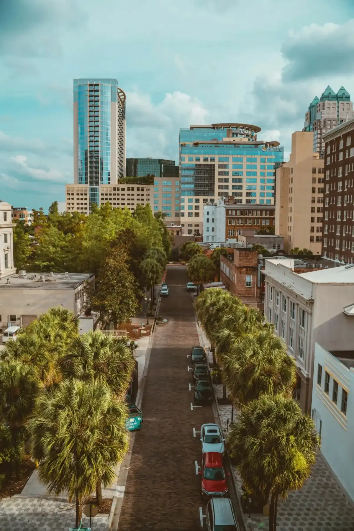 A tree-lined street in downtown Orlando with the city's commercial towers behind.