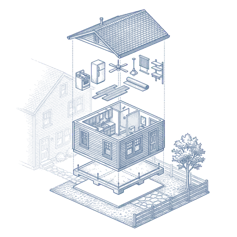 Illustrative cutaway of a typical adu (accessory dwelling unit), separated into the accessory unit's roof, framing, fixtures, shell and slab, with the primary residence faint behind it. Not a specific building.
