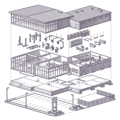 Illustrative cutaway of a typical auto dealership, separated into roof, structure, service lifts and showroom fit-out, shell, foundation and display lot. Not a specific building.