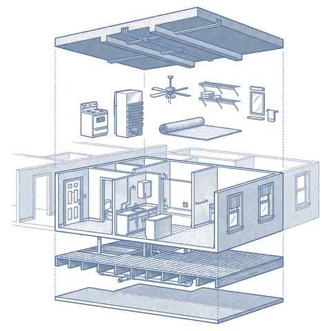 Illustrative cutaway of a typical condo / townhome, separated into a single unit's fixtures and interior within a larger building — no land, no roof of its own. Not a specific building.