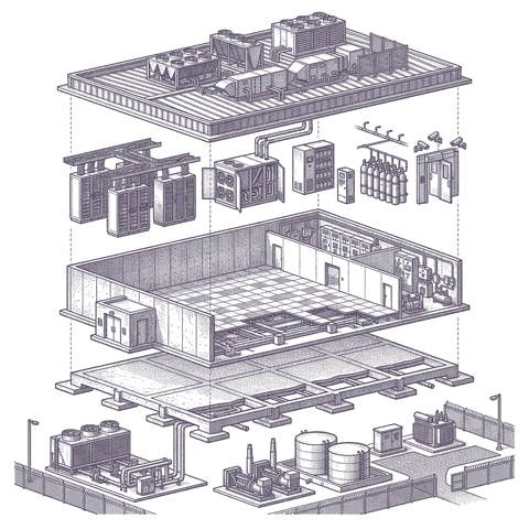 Exploded illustration of a typical data center separated into roof, raised floor, server racks and cooling, shell, and site layers