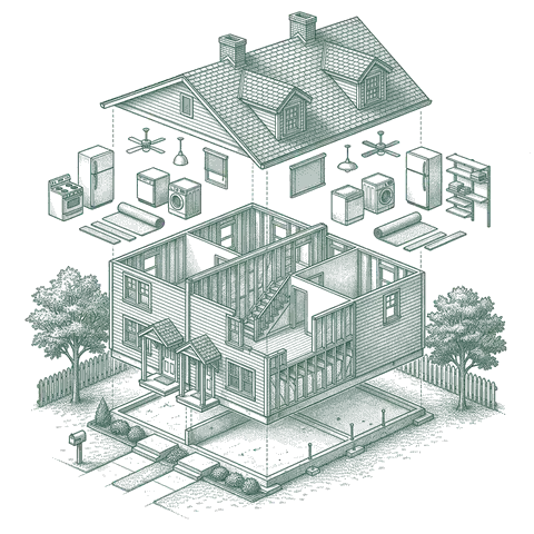 Illustrative cutaway of a typical duplex, separated into roof, framing, two matched sets of per-unit appliances and fixtures, shell, foundation and site. Not a specific building.