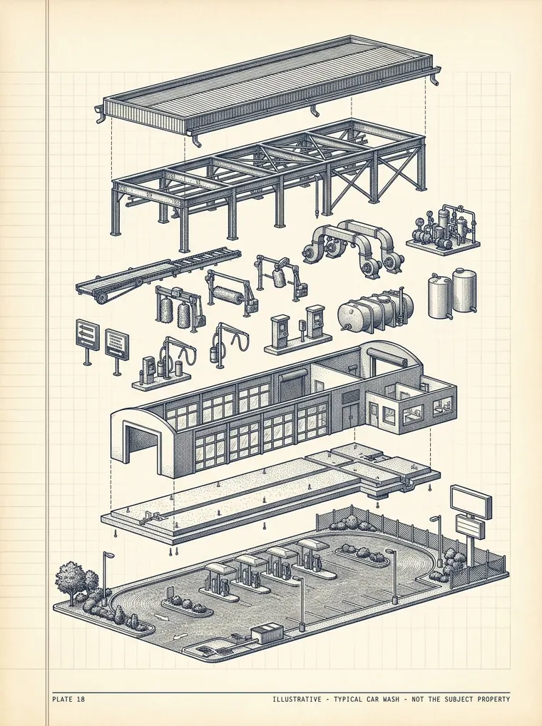Exploded engineering plate of a typical car wash separated into layers: roof and canopy, structure, tunnel conveyor and wash equipment, building shell, foundation and the site with queue lanes, vacuum plaza and paving.