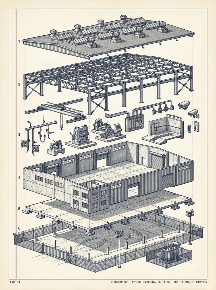Exploded engineering plate of a typical flex / R&D building separated into layers: roof and rooftop mechanical, structural frame, process and testing equipment, walls, floor slab and foundation, and the yard and site.