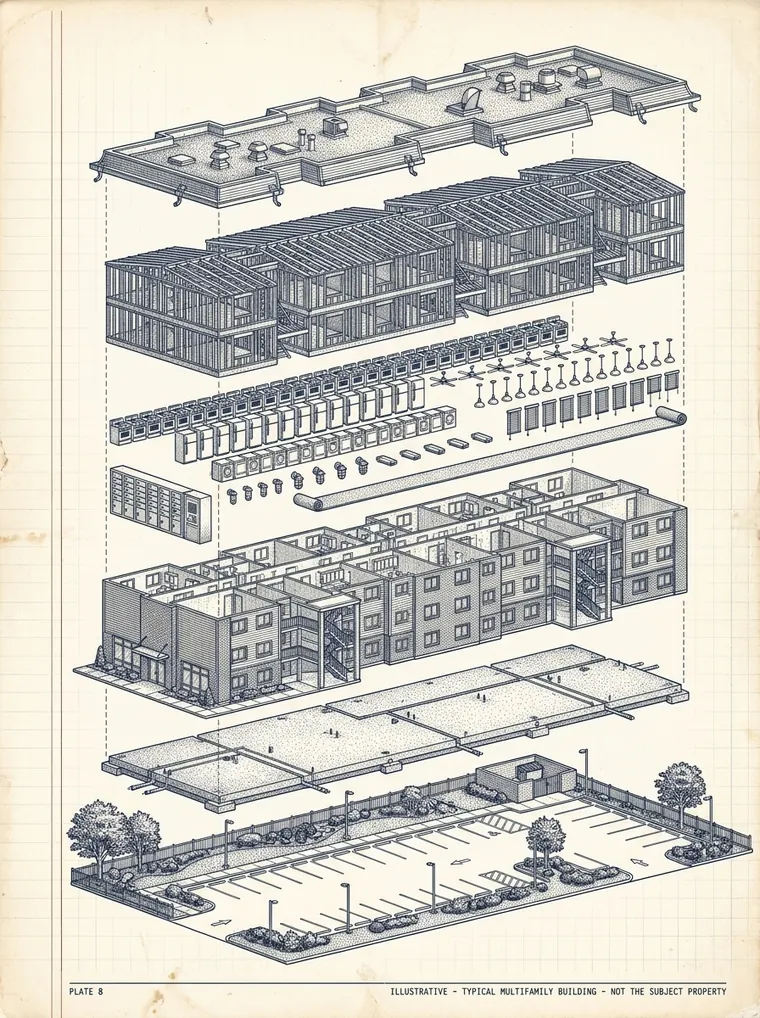 Exploded engineering plate of a typical apartment building separated into layers: roof, structural frame, unit finishes and fixtures, walls, floor slab and foundation, and the site.
