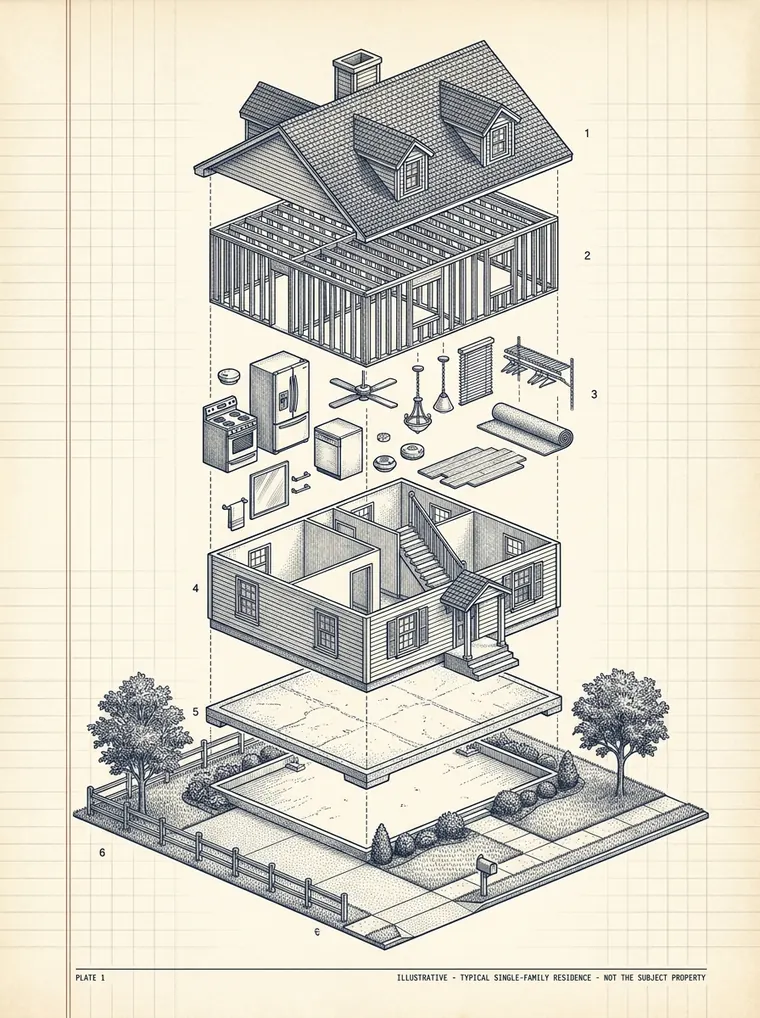 Exploded engineering plate of a typical single-family residence, its layers numbered 1 through 6: roof, framing, loose fixtures and appliances, interior shell, foundation slab, and site with landscaping.