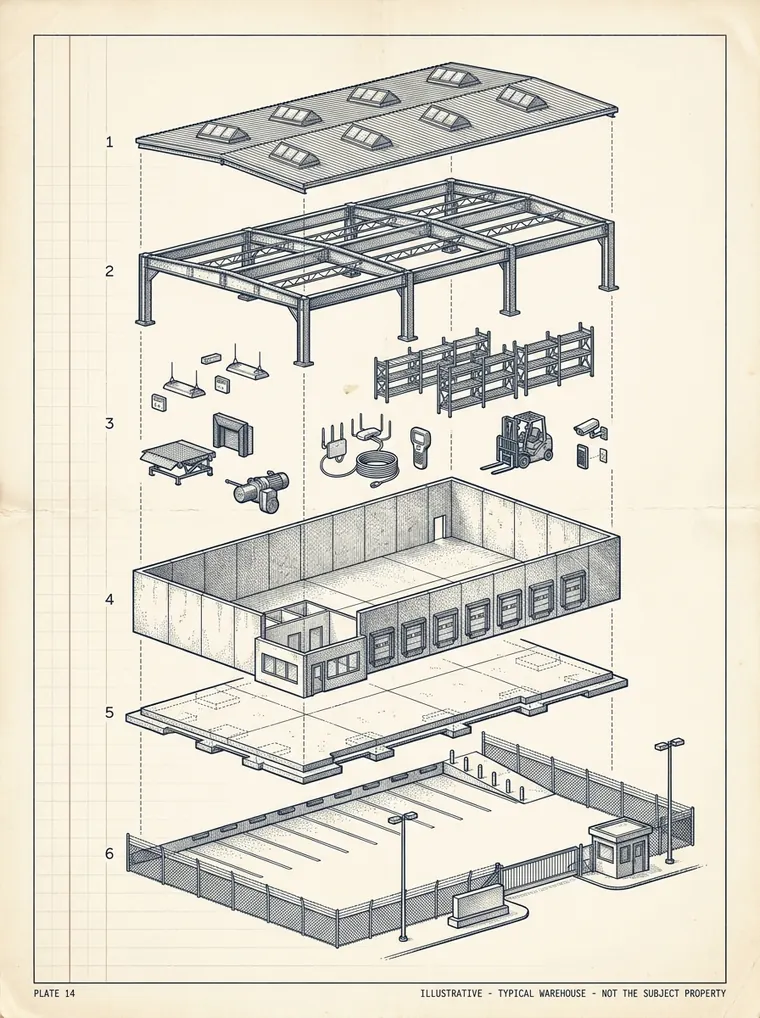 Exploded engineering plate of a typical distribution warehouse separated into layers: roof, structural frame, dock equipment, walls, floor slab and foundation, and the truck court and site.