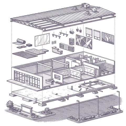 Illustrative cutaway of a typical fitness center / gym, separated into roof, long-span structure, athletic flooring, mirrors and AV, shell, foundation and site. Not a specific building.