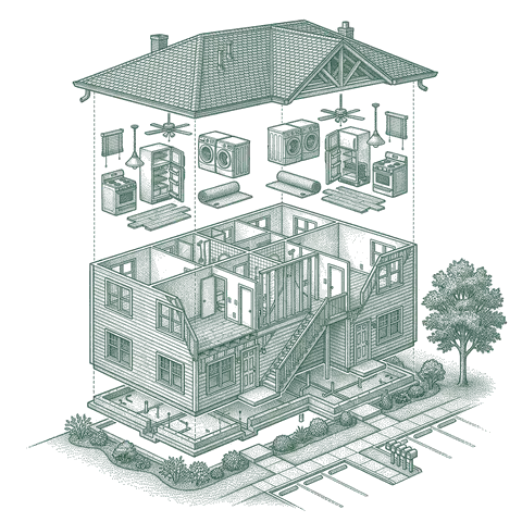 Illustrative cutaway of a typical multifamily (2-4 units), separated into roof, framing, per-unit appliances and fixtures, shell, foundation and site. Not a specific building.