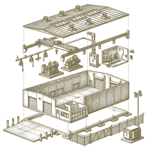 Illustrative cutaway of a typical industrial / warehouse, separated into roof, heavy structure, crane and process equipment, shell, foundation and yard. Not a specific building.