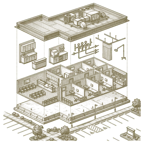 Illustrative cutaway of a typical medical / dental office, separated into roof, structure, exam casework, medical gas and clinical systems, shell, foundation and site. Not a specific building.