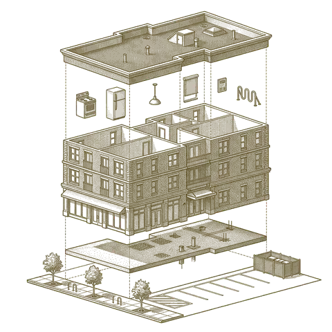 Illustrative cutaway of a typical mixed-use, separated into roof, structure, ground-floor retail fit-out and upper-floor residential fixtures, shell, foundation and site. Not a specific building.