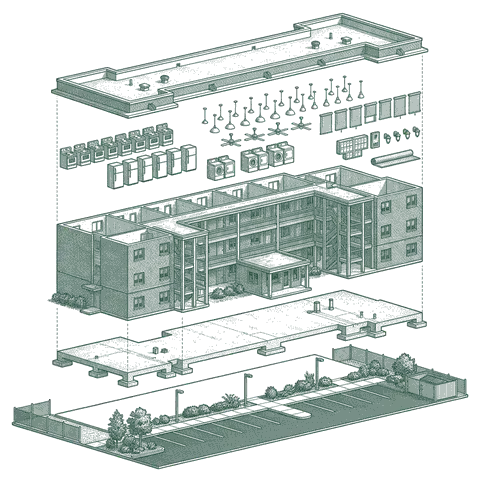 Illustrative cutaway of a typical multifamily (5+ units), separated into roof, stacked unit framing, repeated per-unit fixtures, breezeways, shell, foundation and site. Not a specific building.