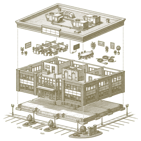 Illustrative cutaway of a typical office building, separated into roof and rooftop units, structure, tenant fit-out and systems furniture, shell, foundation and site. Not a specific building.