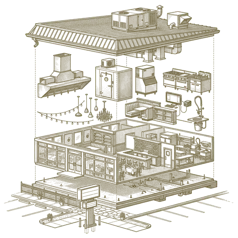 Illustrative cutaway of a typical restaurant, separated into roof, structure, kitchen hood, walk-in and dining fit-out, shell, foundation and site. Not a specific building.
