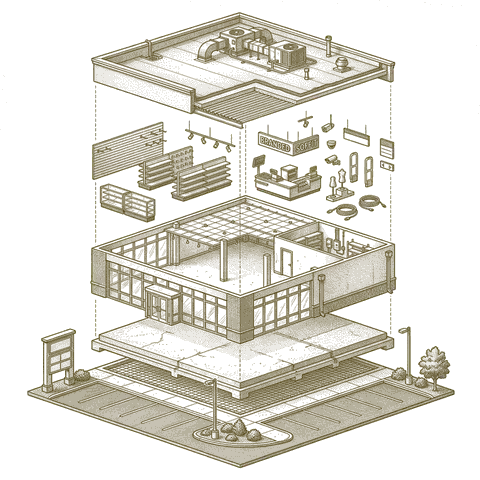 Illustrative cutaway of a typical retail, separated into roof, structure, display fixtures and track lighting, storefront shell, foundation and site. Not a specific building.