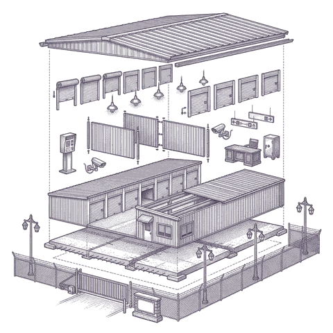Illustrative cutaway of a typical self-storage facility, separated into roof, structure, roll-up unit doors and gate access, shell, foundation and drive aisles. Not a specific building.
