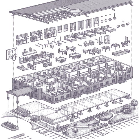 Illustrative cutaway of a typical senior living / assisted living, separated into roof, stacked resident-unit framing, accessible fixtures and nurse call, shell, foundation and grounds. Not a specific building.