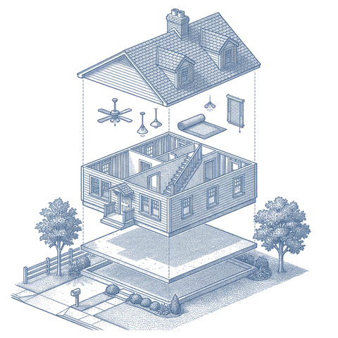 Illustrative cutaway of a typical building separated into roof, framing, fixtures, shell, foundation and site layers. Not a specific building.