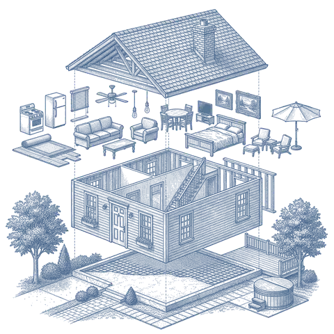 Illustrative cutaway of a typical short-term rental (airbnb / vrbo), separated into roof, framing, appliances plus freestanding furnishings, shell, foundation and site. Not a specific building.