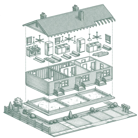 Illustrative cutaway of a typical triplex, separated into roof, framing, three matched sets of per-unit appliances and fixtures, shell, foundation and site. Not a specific building.