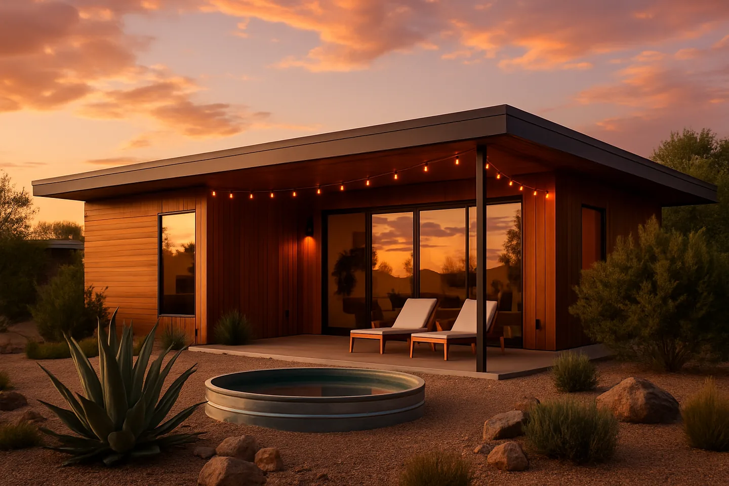 Modern short-term rental exterior at golden hour — the property type most commonly meeting the §1.469-1T(e)(3)(ii)(A) average-7-day test