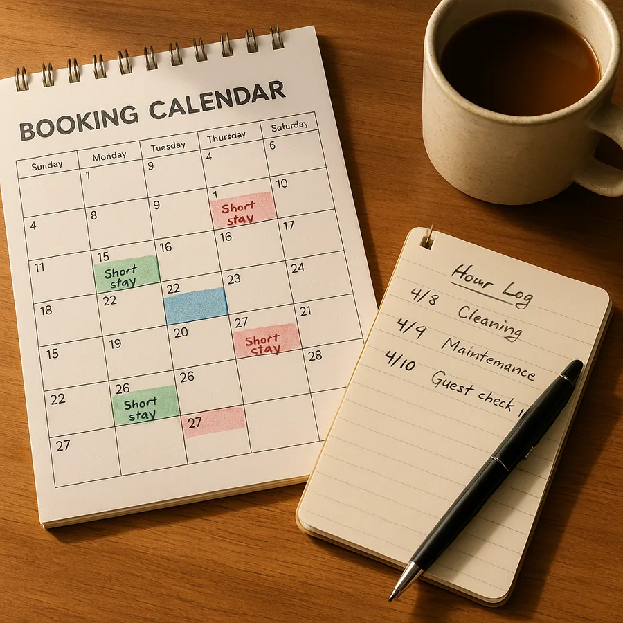 Booking calendar, handwritten hour-log, and notebook used to substantiate the §469(h) material participation hour test