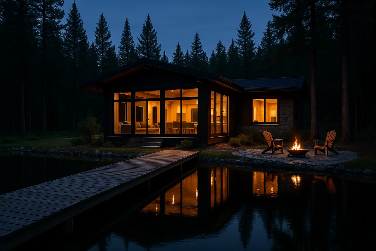Lakeside short-term rental cabin at dusk — exception (A) applies to any property type where the annual booking pattern produces a 7-day or shorter average stay