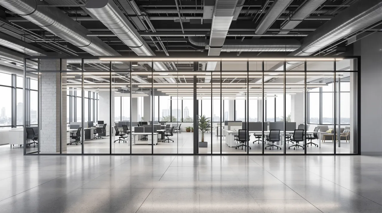 Open-plan office fit-out with glass partitions and systems furniture — QIP and 7-year property in a cost segregation study